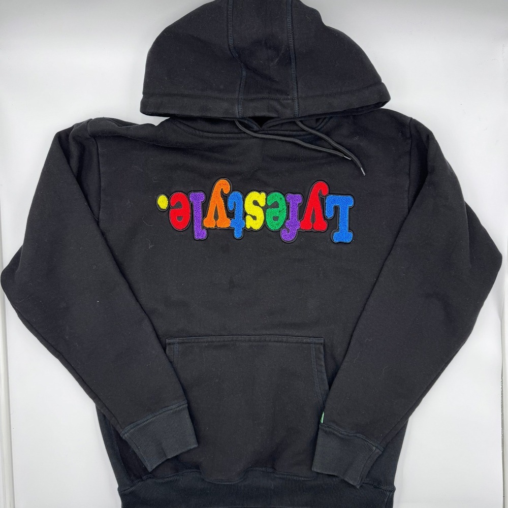 Lyfestyle Patch Letter Multi Colored‎ Black Hoodie Mens